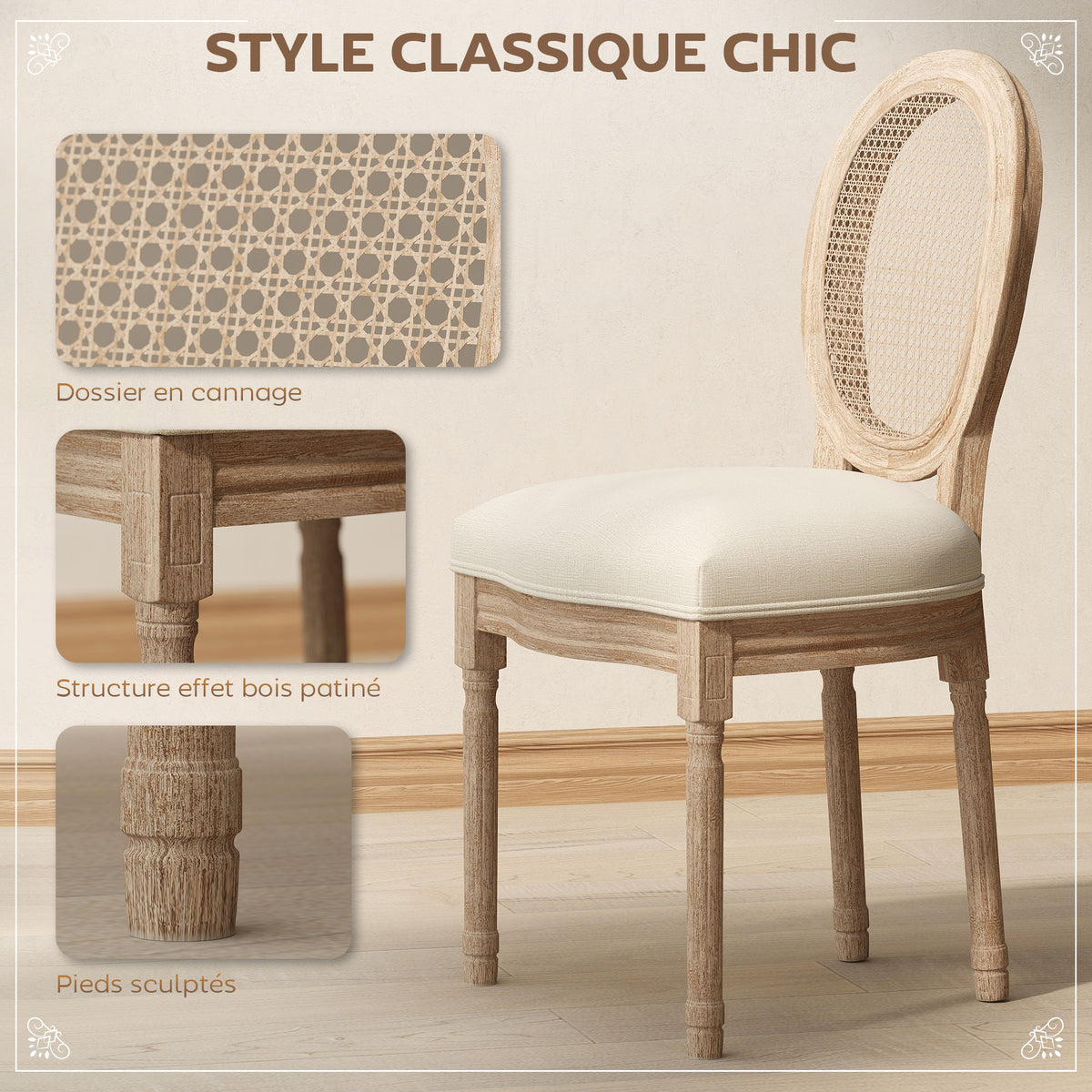 Lot de 2 chaises de Salle à Manger - Chaise de Salon médaillon Style Louis XVI - Bois Massif sculpté, patiné - Dossier cannage - Aspect Lin Crème-3