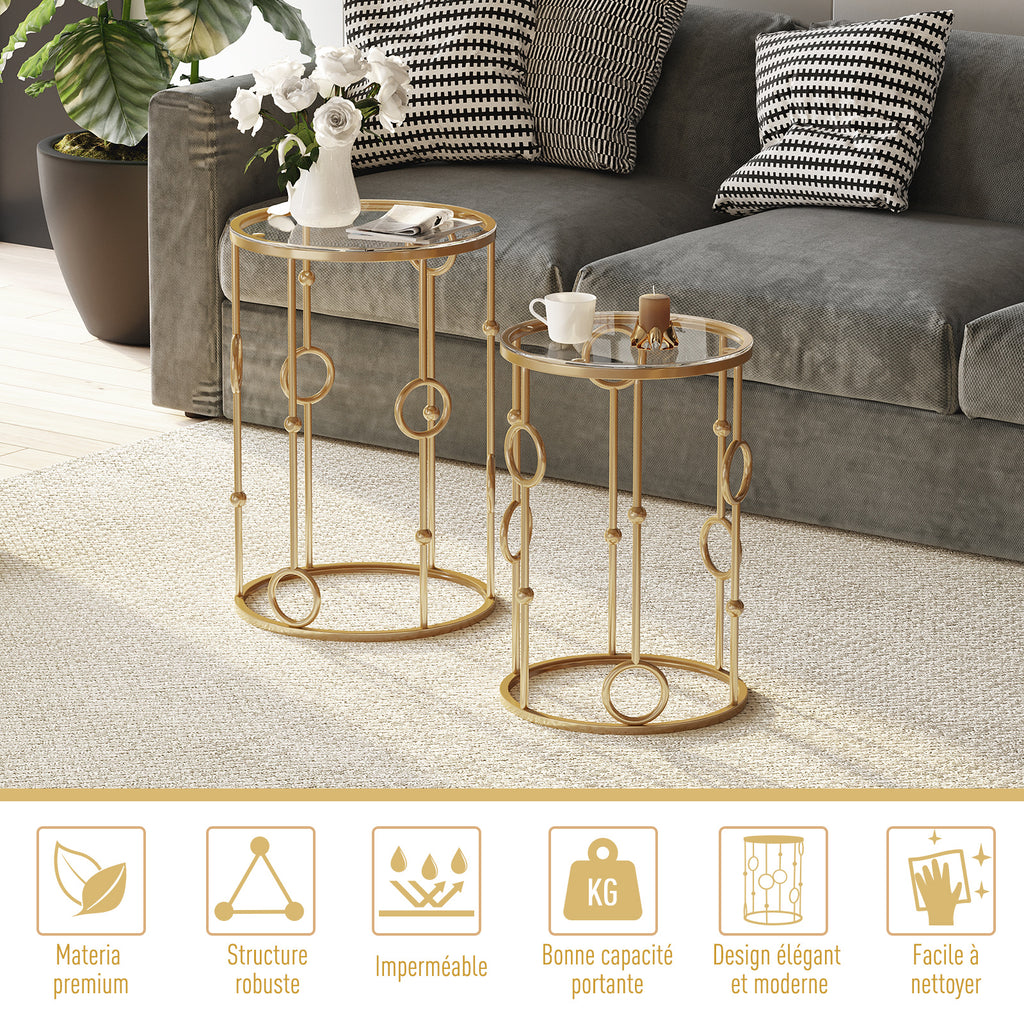Tables gigognes Lot de 2 Tables Basses Rondes Design Style Art déco Ø 41 et Ø 36 cm métal doré Verre trempé 5 mm-3