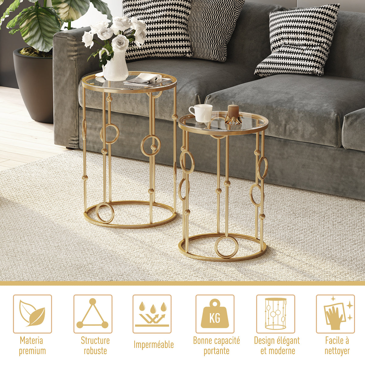 Tables gigognes Lot de 2 Tables Basses Rondes Design Style Art déco Ø 41 et Ø 36 cm métal doré Verre trempé 5 mm-3