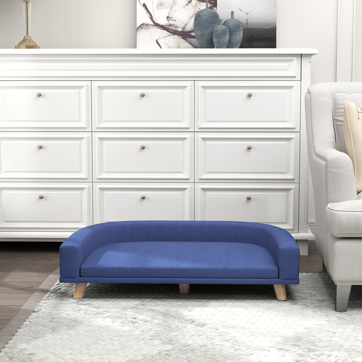 Canapé pour chien grand lit surélevé pour chien coussin lavable cadre en bois tissu polyester 98 x 67 x 25 cm bleu-7