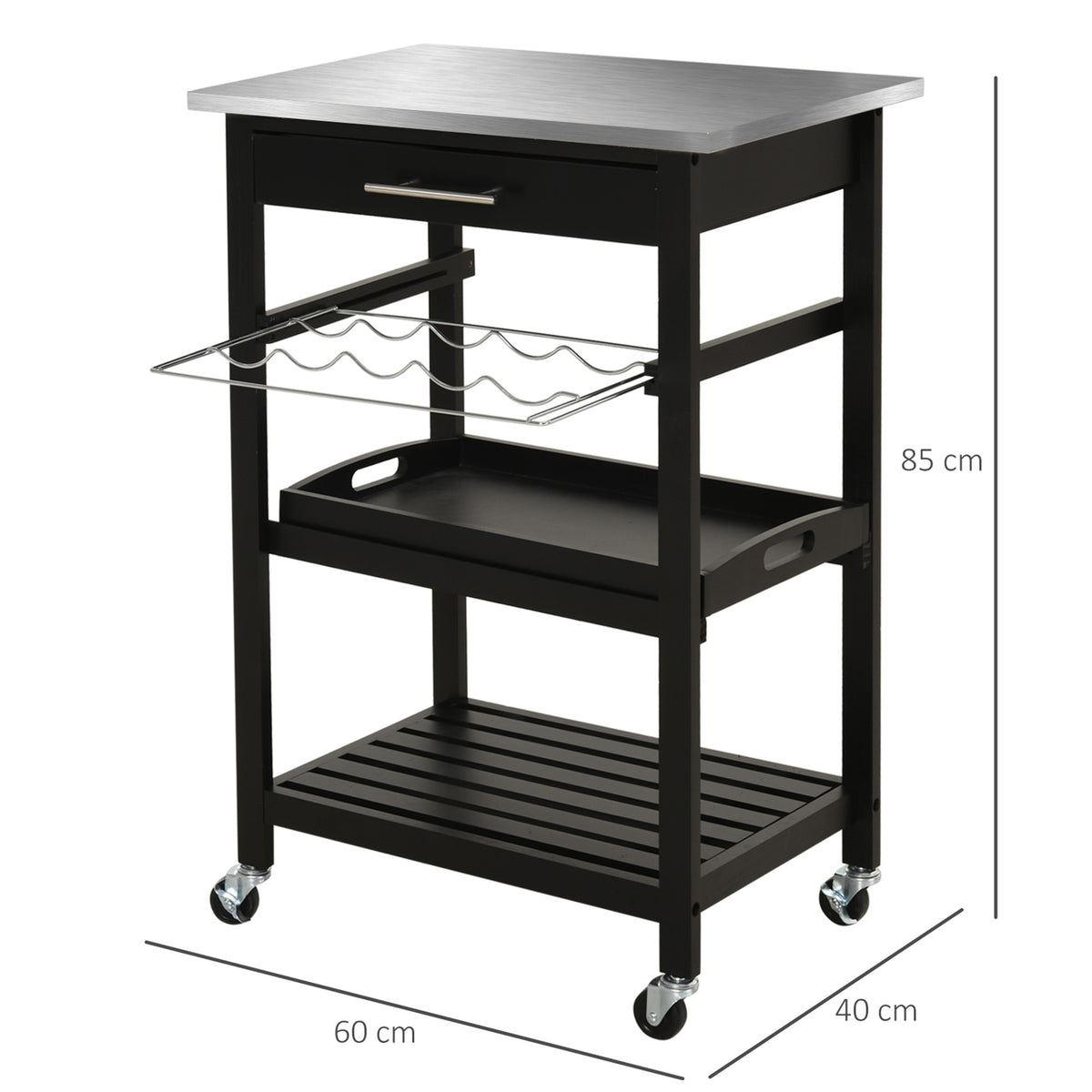 Chariot de Service desserte de Cuisine Table roulantes avec étagère rangement bouteille 60L x 40l x 85H cm Plateau en Acier INOX. Noir-2