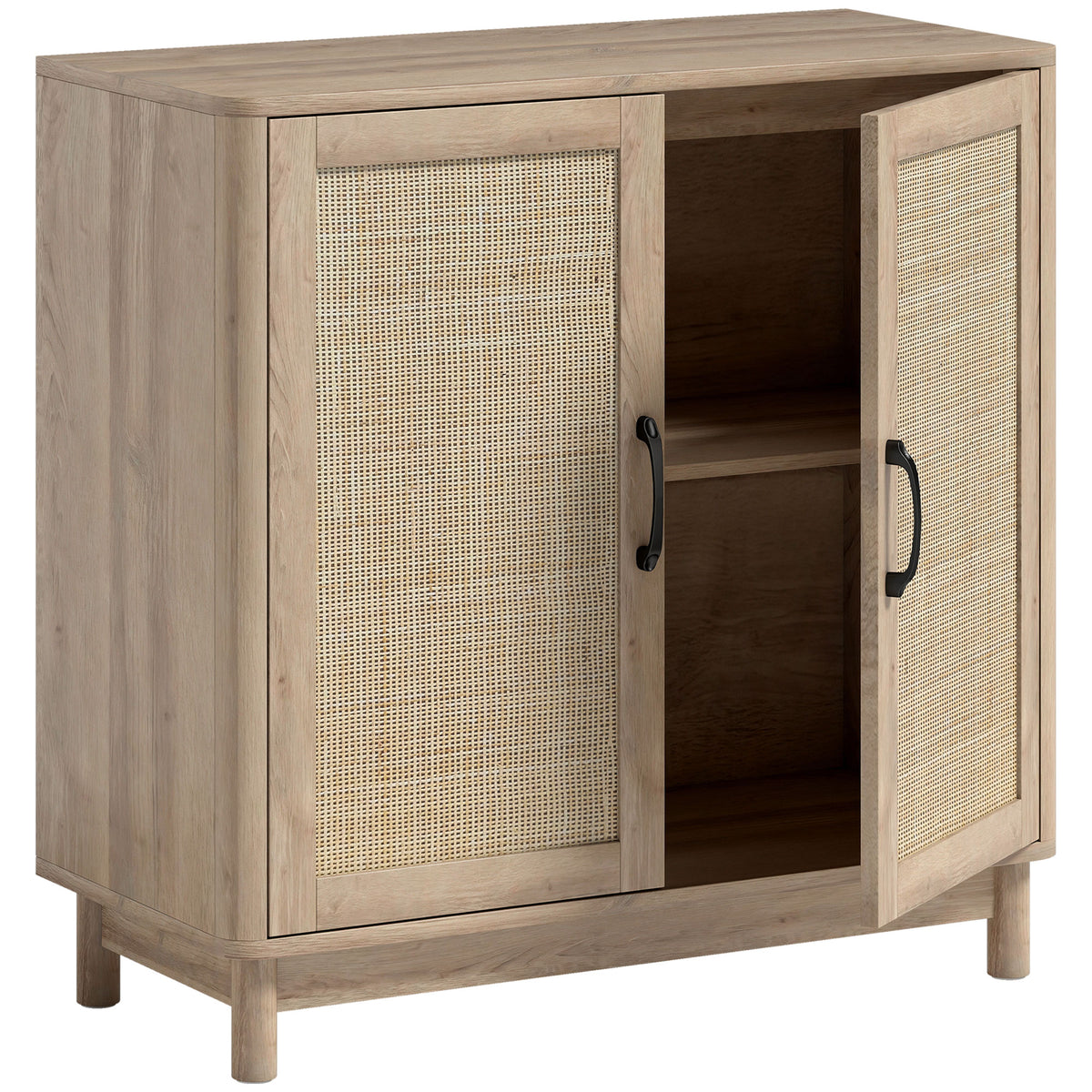 Buffet salon, meuble de rangement avec 2 portes en rotin, étagère réglable et bords arrondis, 76 x 35 x 75,5 cm, chêne-0