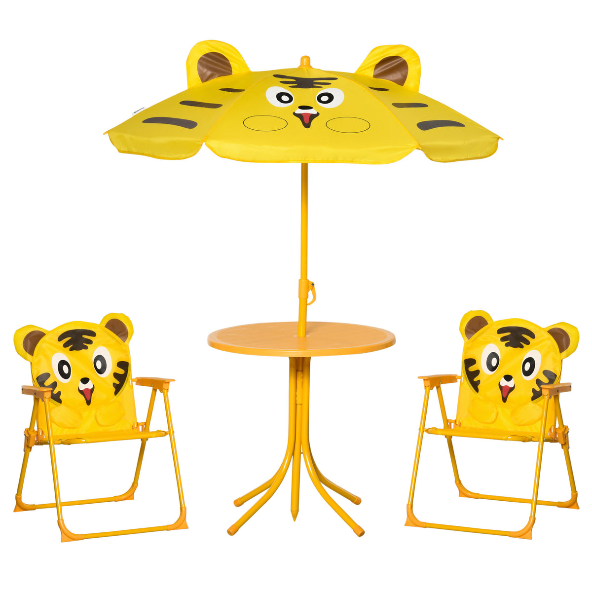 Ensemble Salon de Jardin Enfant 4 pcs Design Tigre - Table Ronde + 2 chaises Pliables + Parasol - métal époxy Oxford Jaune-0