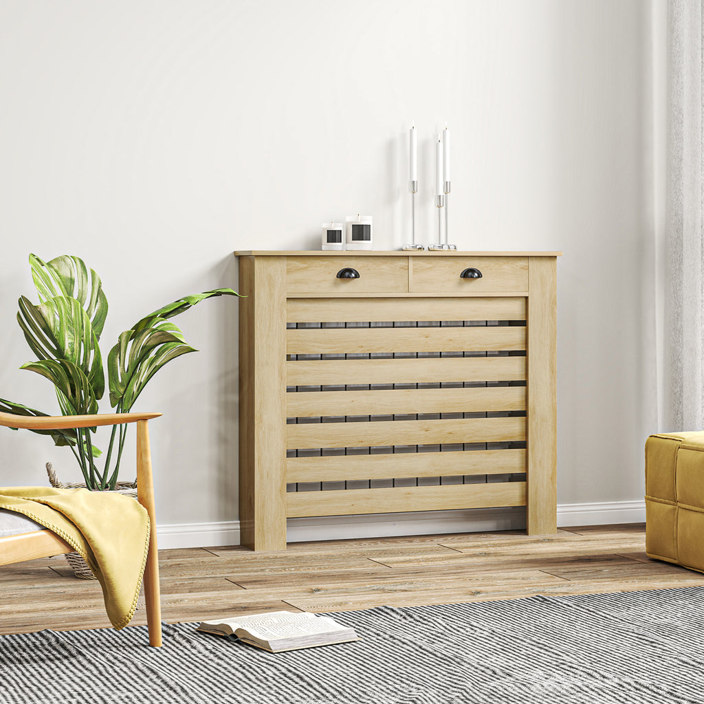 Couvercle de radiateur cache radiateur grille à lattes horizontales avec 2 tiroirs en bois 111l x 19P x 95,5H cm chêne-7