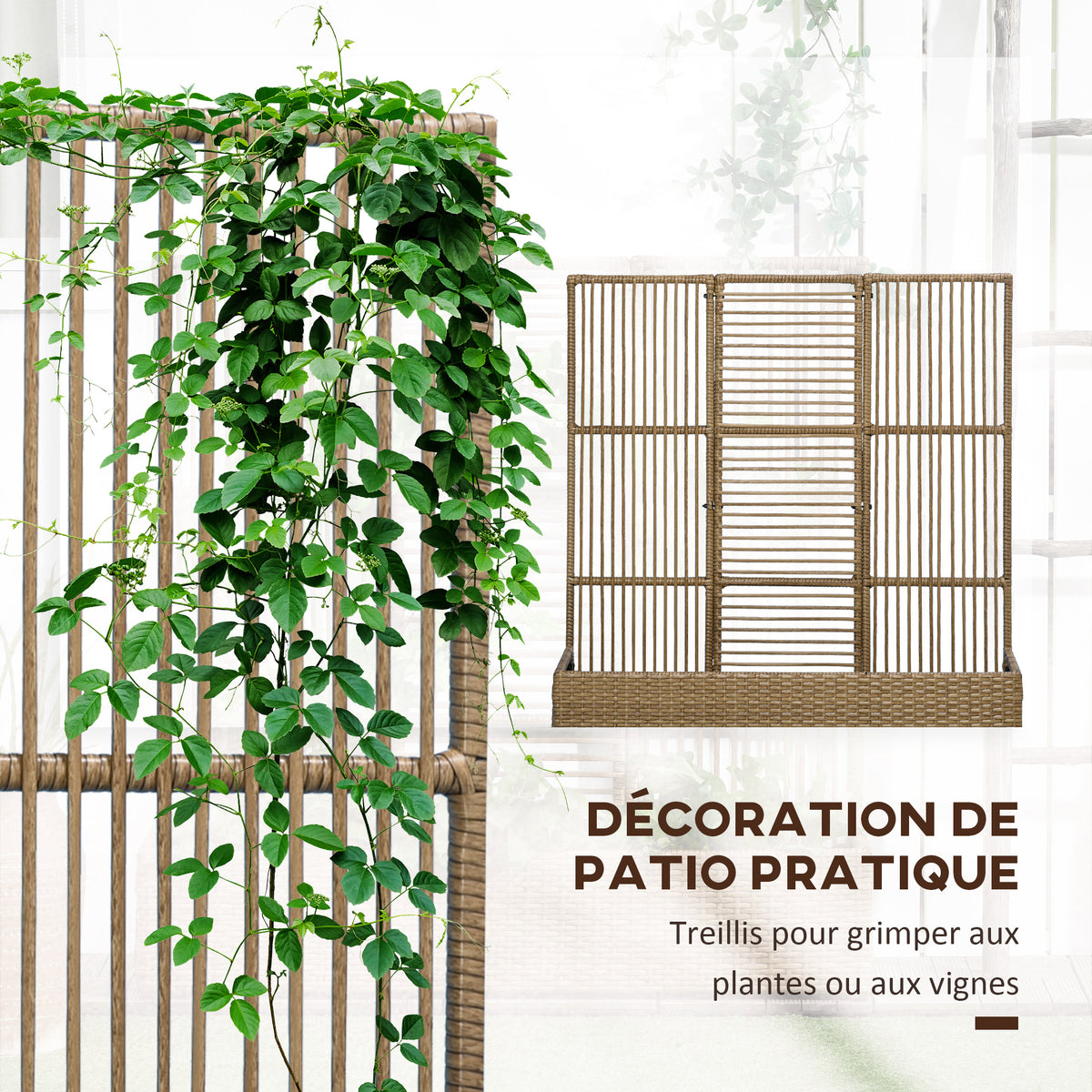 Support pour plantes avec treillis bac rectangulaire inférieur en résine tressée et acier dim. 103L x 29l x 103H cm-3