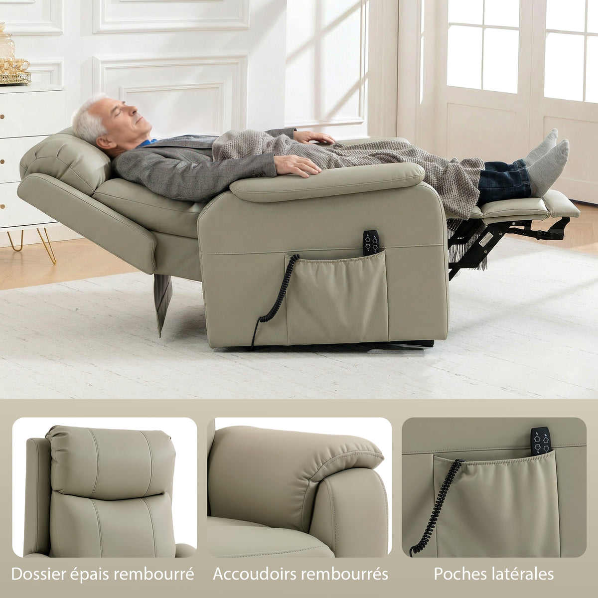 Fauteuil releveur électrique, fauteuil relax électrique, double moteur, dossier inclinable, 87x96x105cm, crème-8