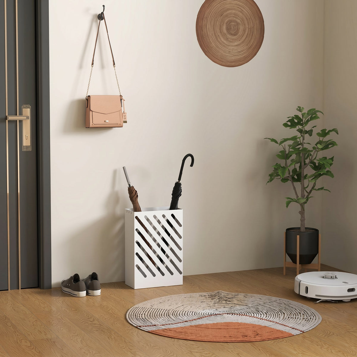 Porte-parapluie en acier rectangulaire, support pour parapluies avec 4 crochets et bac d'égouttement amovible, blanc-5