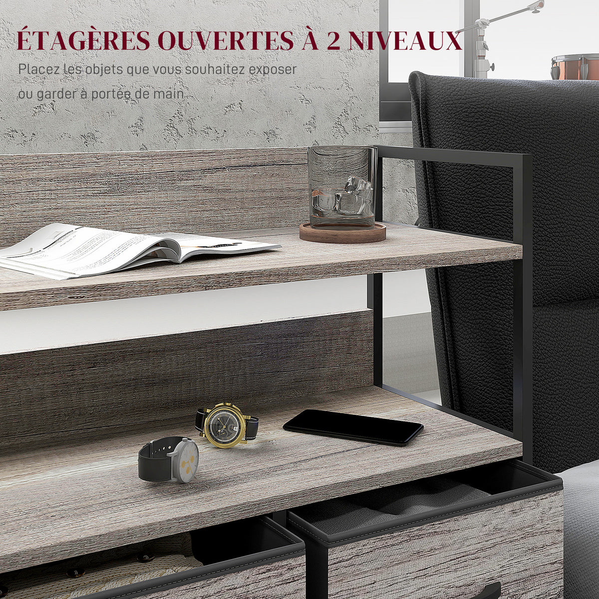 Meuble de rangement style industriel commode 5 tiroirs en tissu pliables et amovibles et étagères - 98l x 29P x 85H cm-4