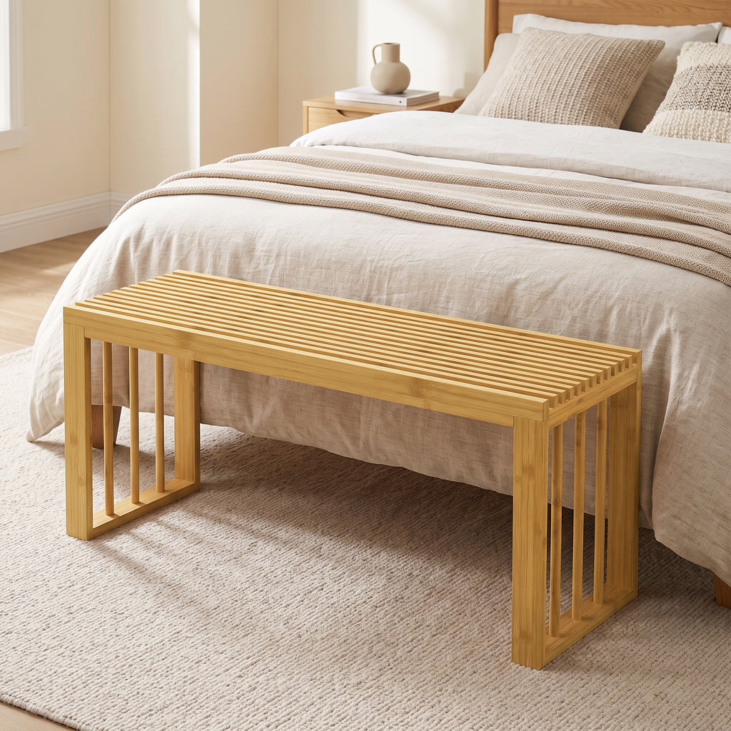 Banc à Chaussures en Bambou, Banc d'Entrée Sans Dossier, Assise en Bois Ajourée, 90 x 33 x 43 cm, Bois Naturel-6