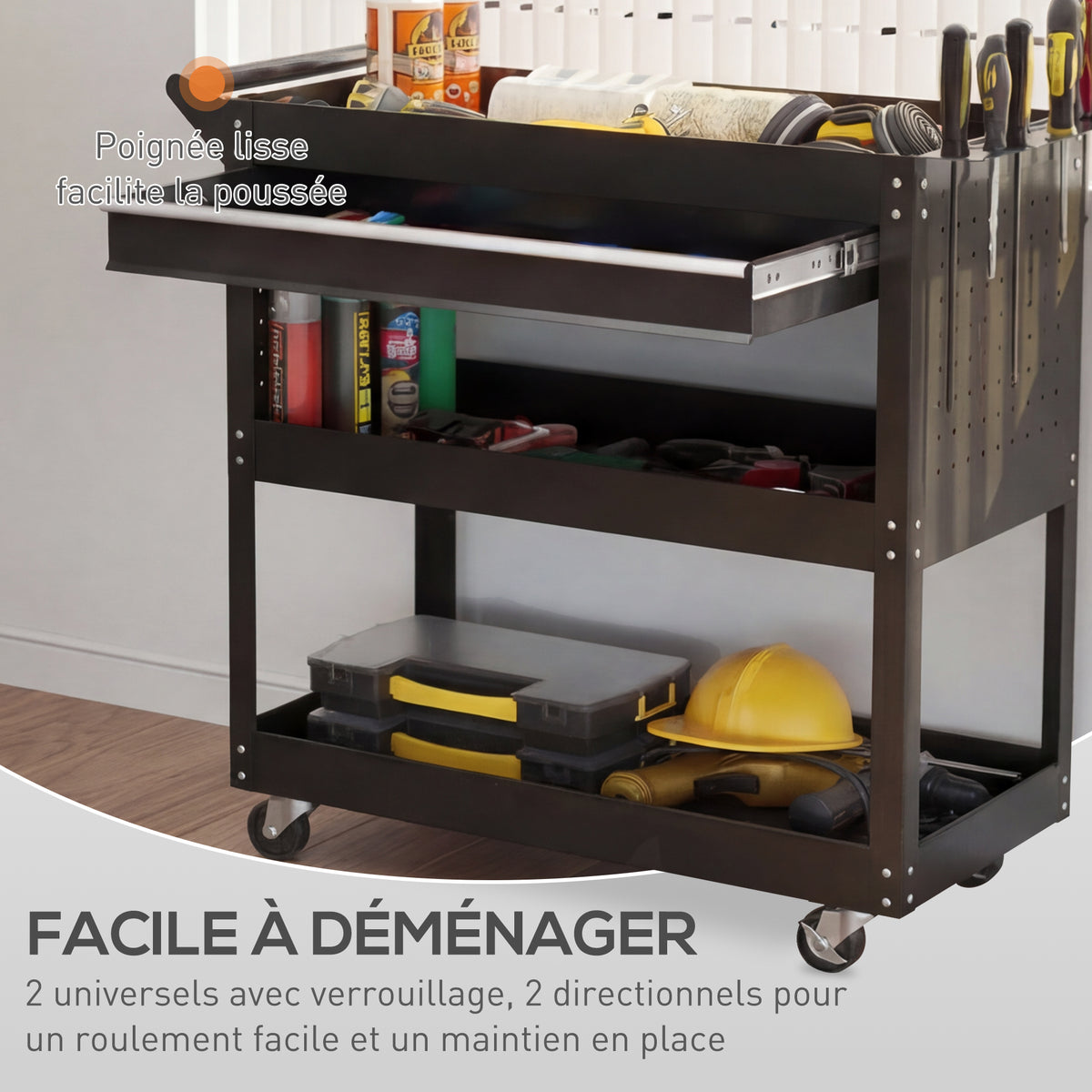 Chariot d'atelier servante atelier à 3 niveaux avec tiroir, porte-outils latéral et poignée, 82x35x76 cm, noir-3