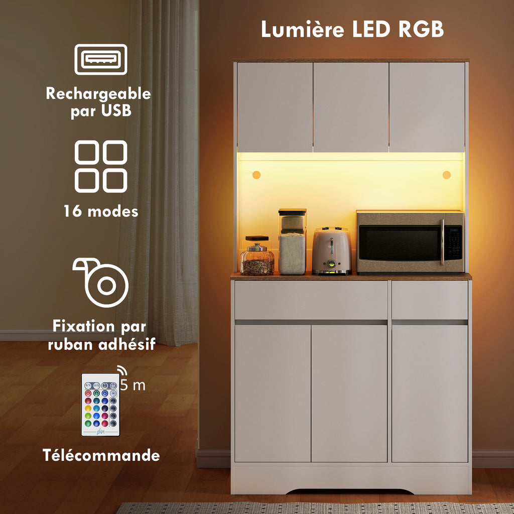 Buffet cuisine meuble cuisine rangement haut avec lumière LED RGB, plan de travail, 6 portes, 2 tiroirs, blanc-3