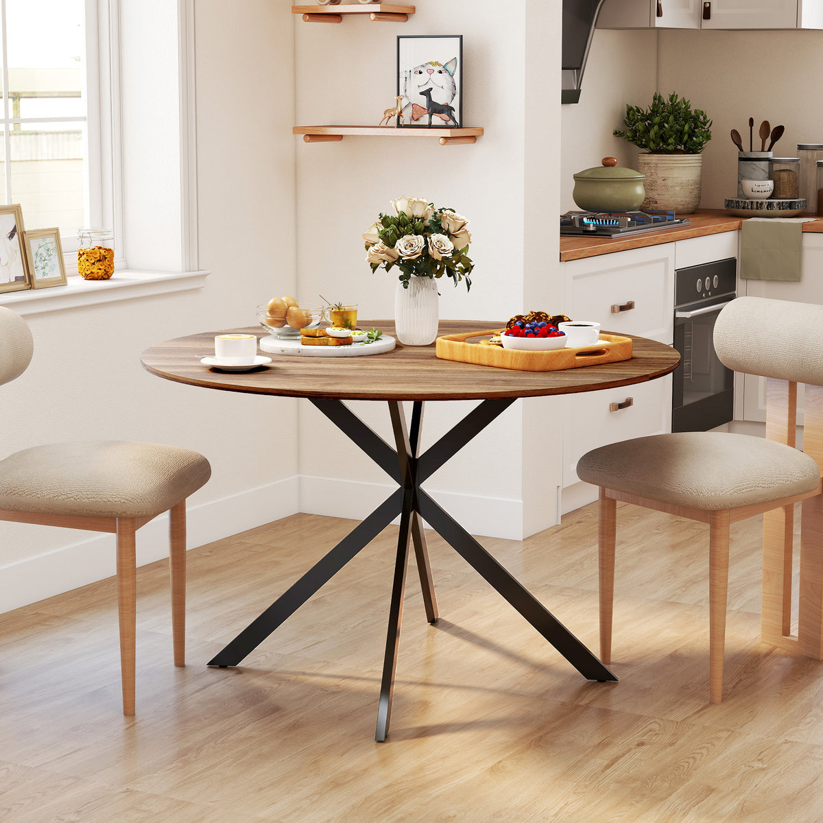 Table à manger ronde pour 4 personnes 120 cm style industriel avec plateau aspect bois, piètement croisé en acier, marron-1