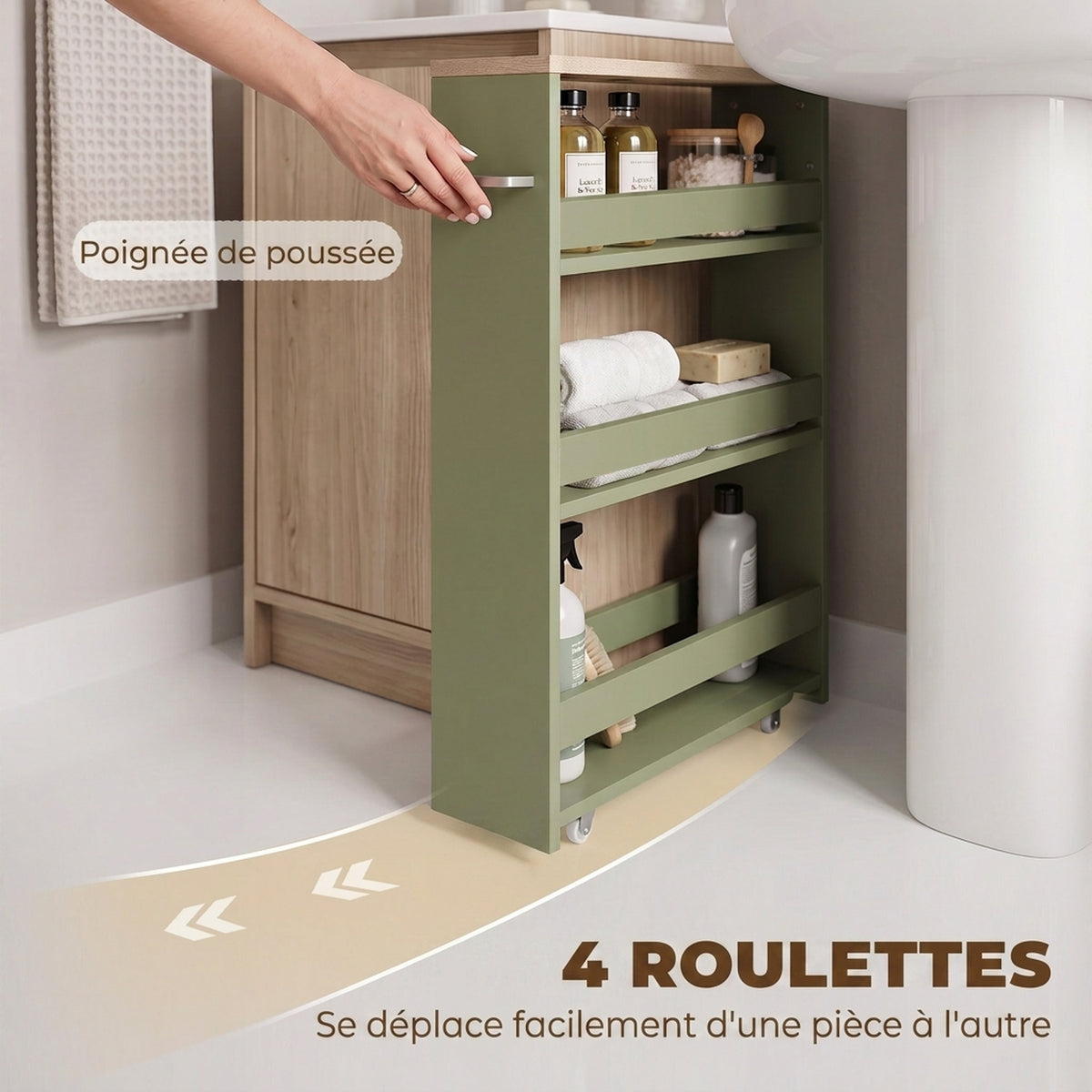 Chariot de rangement à 3 niveaux chariot de stockage étagère sur roulettes avec poignée - 48 x 15 x 80 cm vert-4