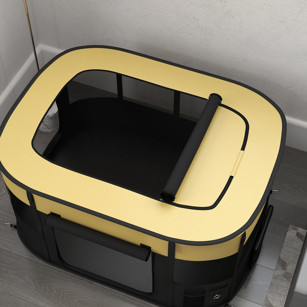 Parc pliable pour animaux de compagnie parc pour chiots en tissu Oxford avec fenêtres et portes sac de rangement jaune-8