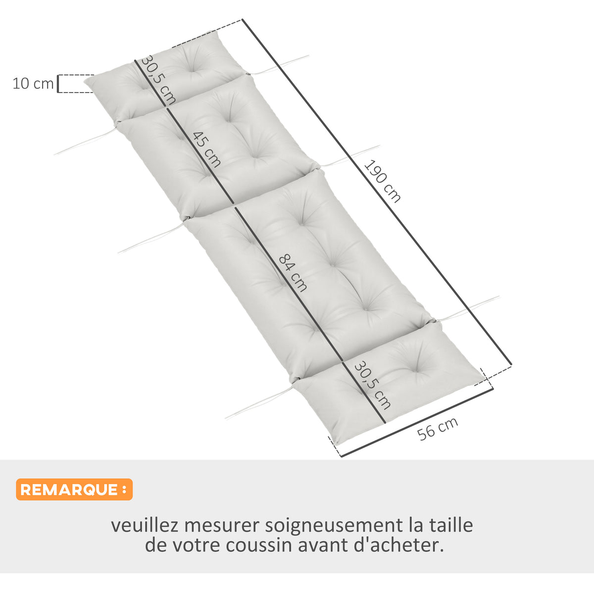 Coussin bain de soleil épais coussin chaise longue 190 x 56 x 10 cm, UPF20+, matelas transat six attaches, gris clair-2