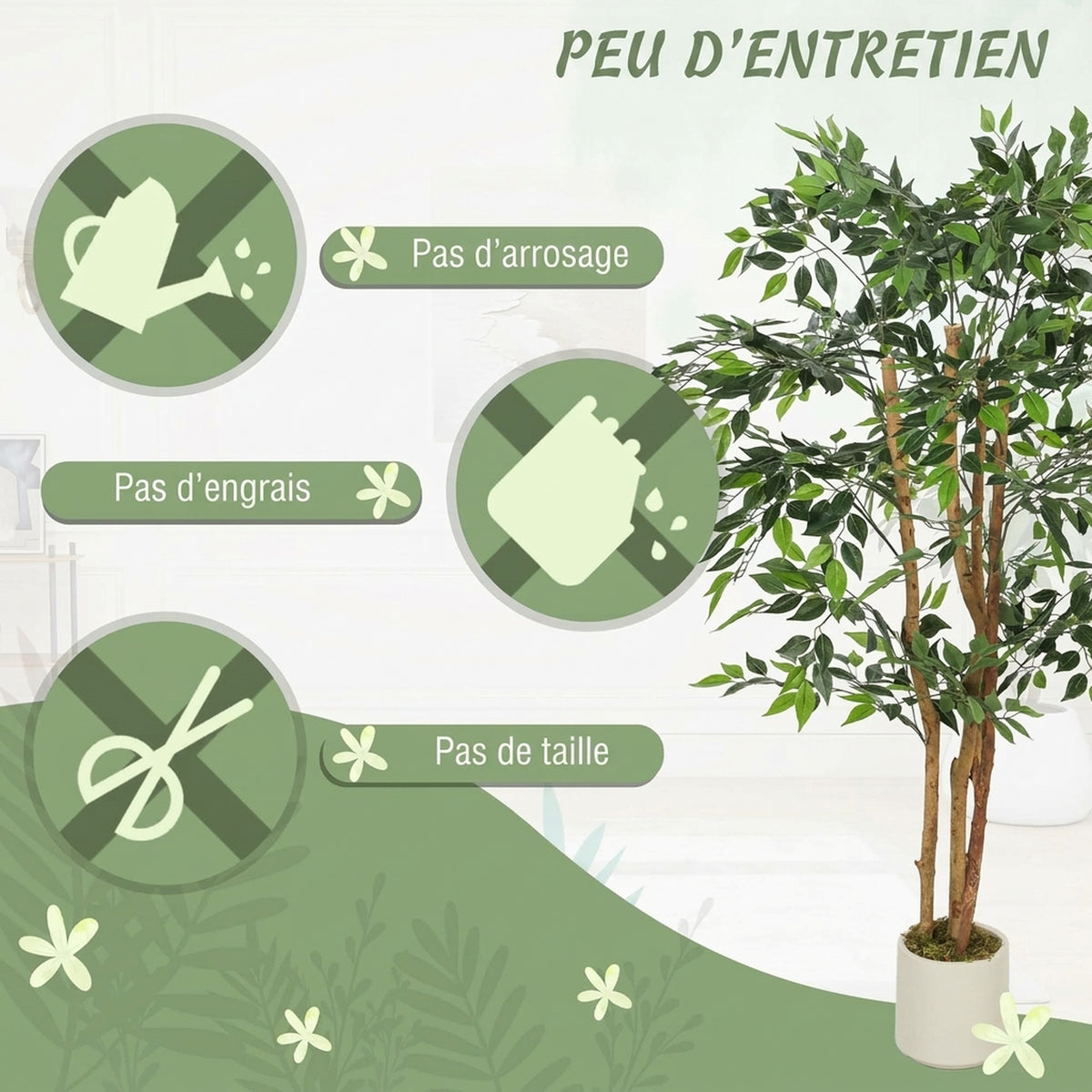 Plante artificielle intérieure 150 cm banian arbre artificiel, pot en plastique et tronc en bois massif, vert-5