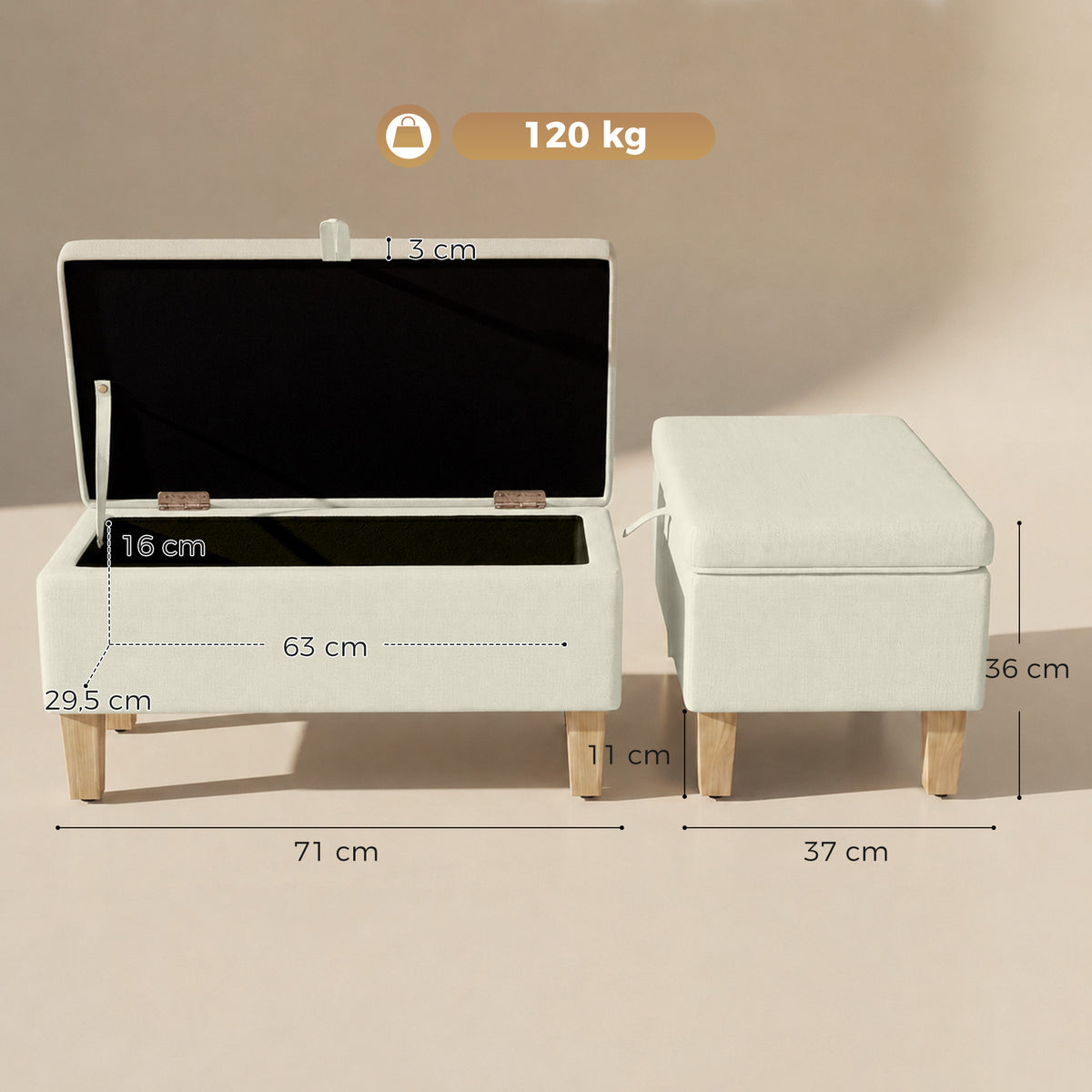 Banc de rangement, bout de lit, repose-pieds rembourré en lin avec pieds en bois de caoutchouc, 71x37x36cm, beige-2