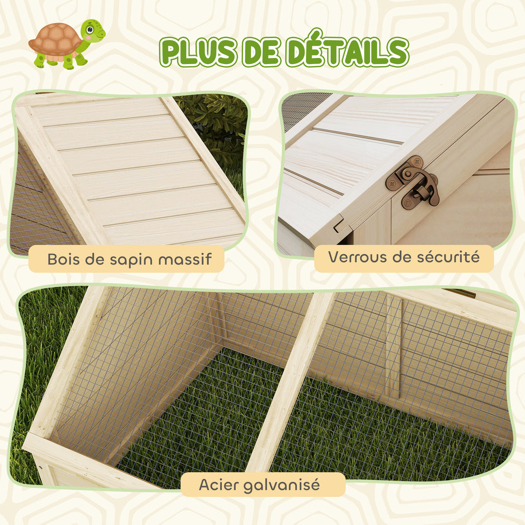 Maison enclos cage pour petit animal tortue en bois avec couvercle ouvrable, loquets, 2 espaces distincts, bois naturel-7