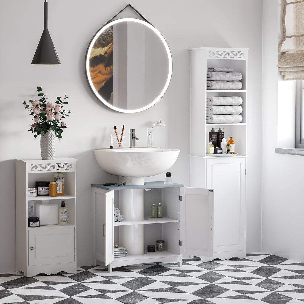 Meuble salle de bain sous lavabo à double portes avec étagères réglables, blanc-7