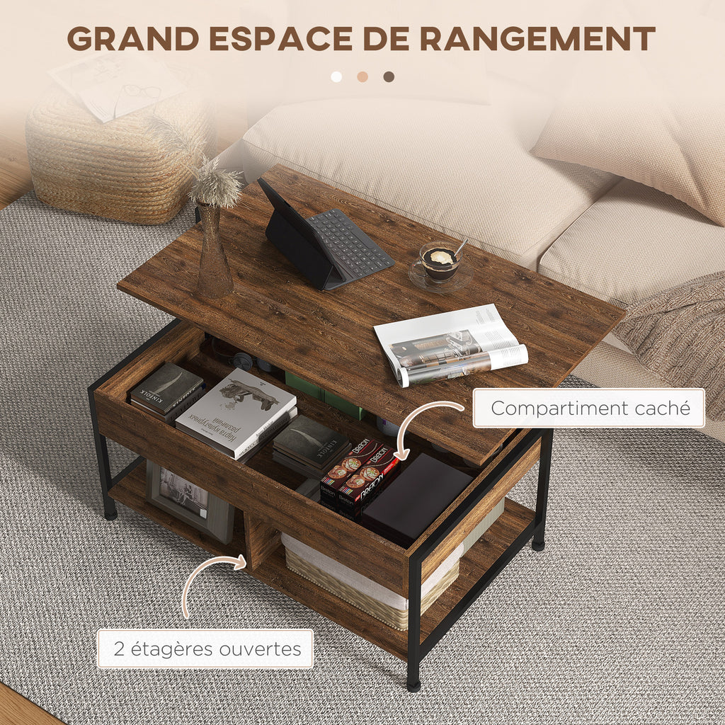 Table basse relevable table de salon compartiment caché 2 étagères inférieures 100 x 80 x 60 cm marron rustique noir-4