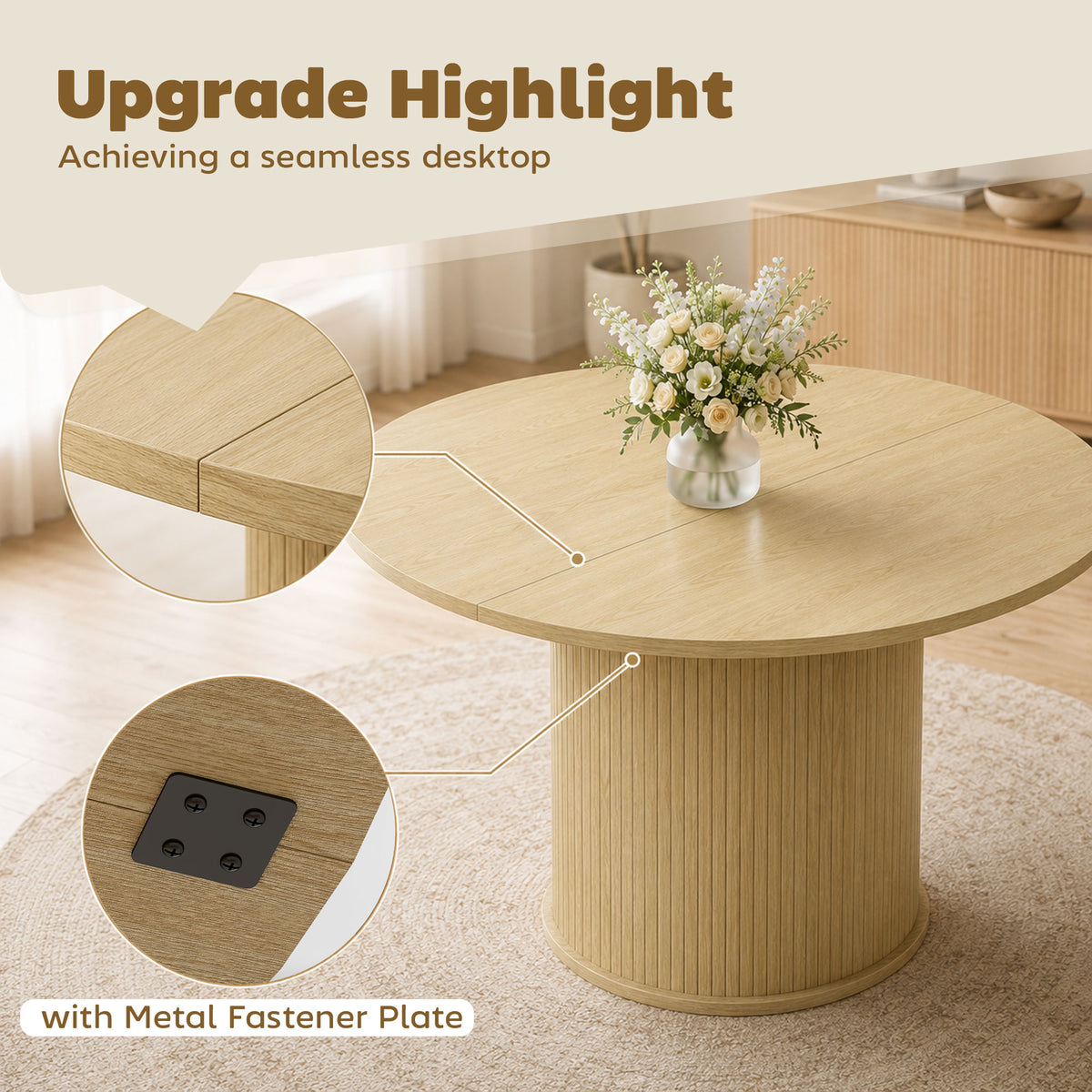 Table à manger ronde pour 4-6 personnes, Ø 120 x 75 cm, table de cuisine avec base cylindrique cannelée, bois naturel-7