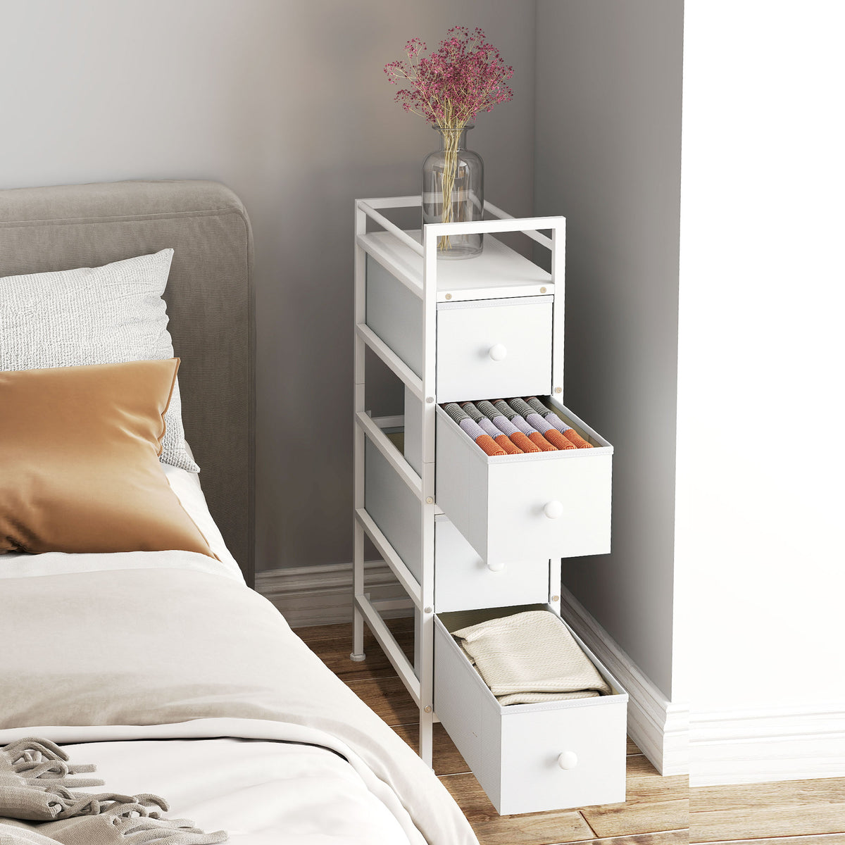 Commode 4 Tiroirs Pliables en Tissu, Meuble de Rangement Étroit, Style Moderne, Cadre en Acier, 20 x 43 x 81,5 cm Blanc-7