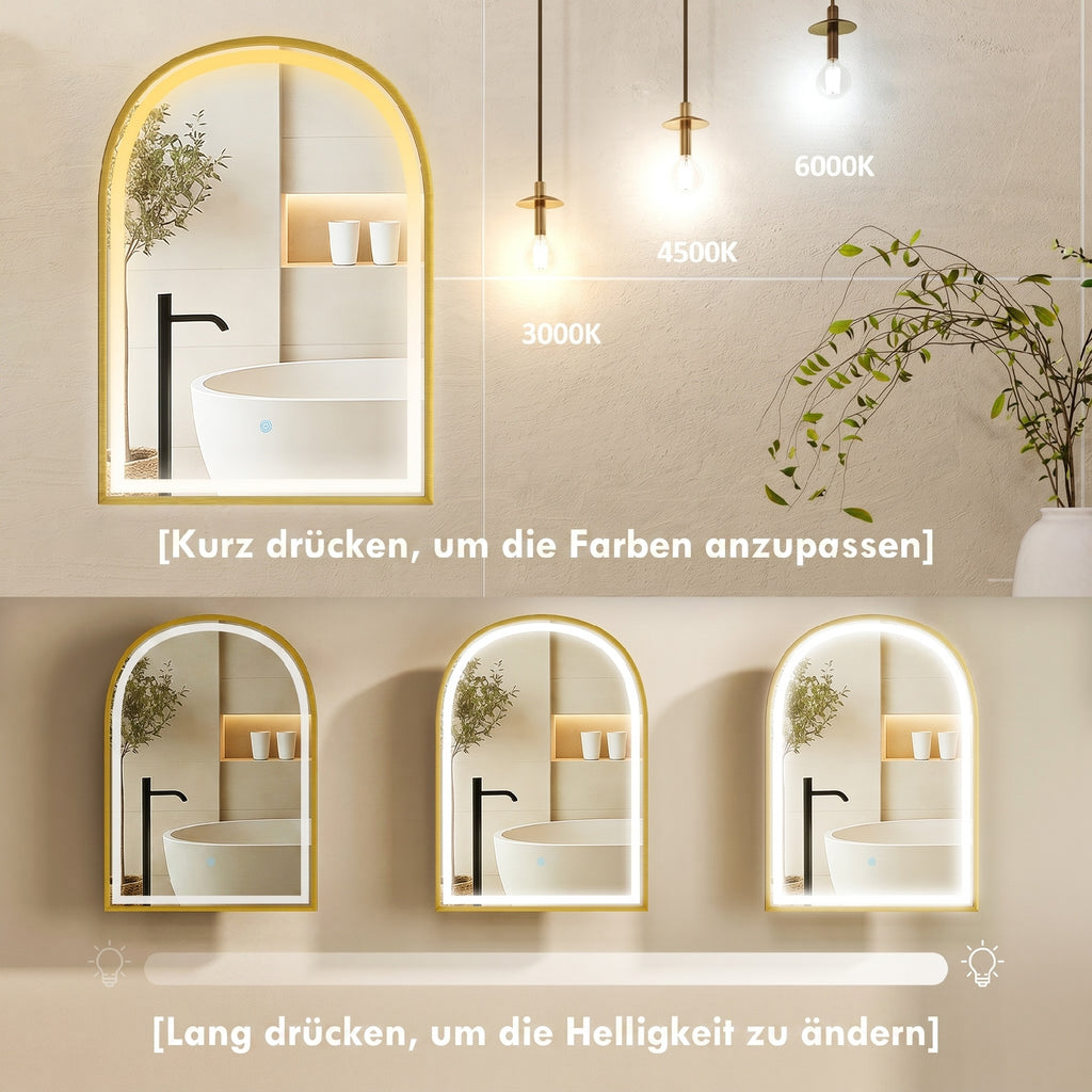 Armoire murale salle de bain avec miroir et éclairage LED, porte arquée, anti-buée, 50x14,5x70cm, doré-4