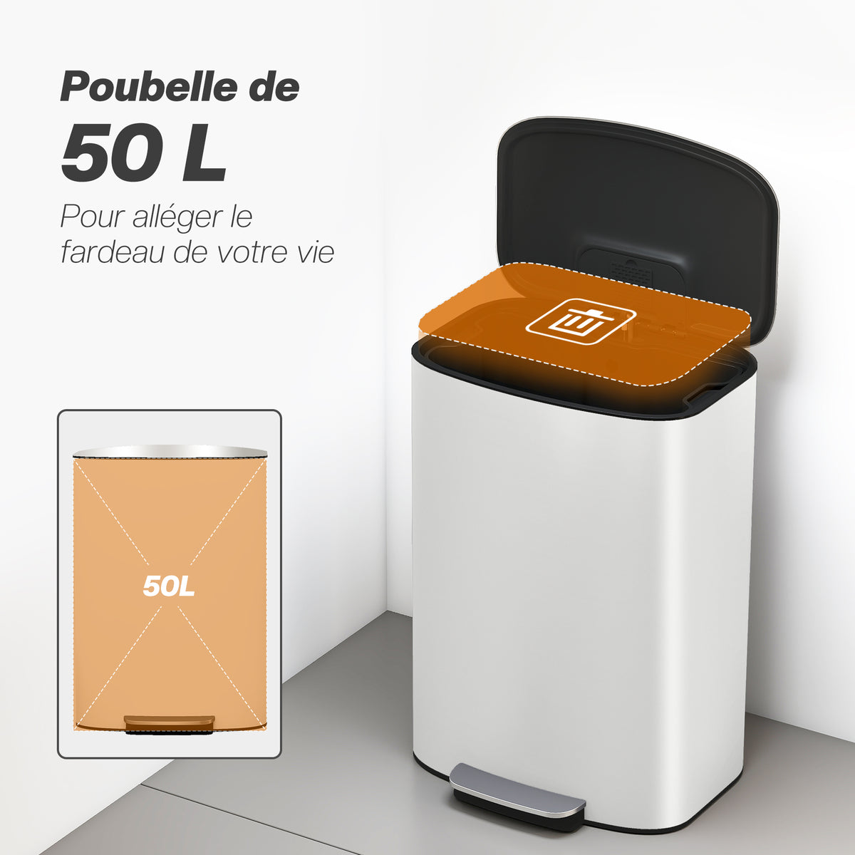 Poubelle cuisine 50L, poubelle à pédale, seau intérieur amovible, couvercle à fermeture douce, 45,1x36,5x62,6cm, crème-3