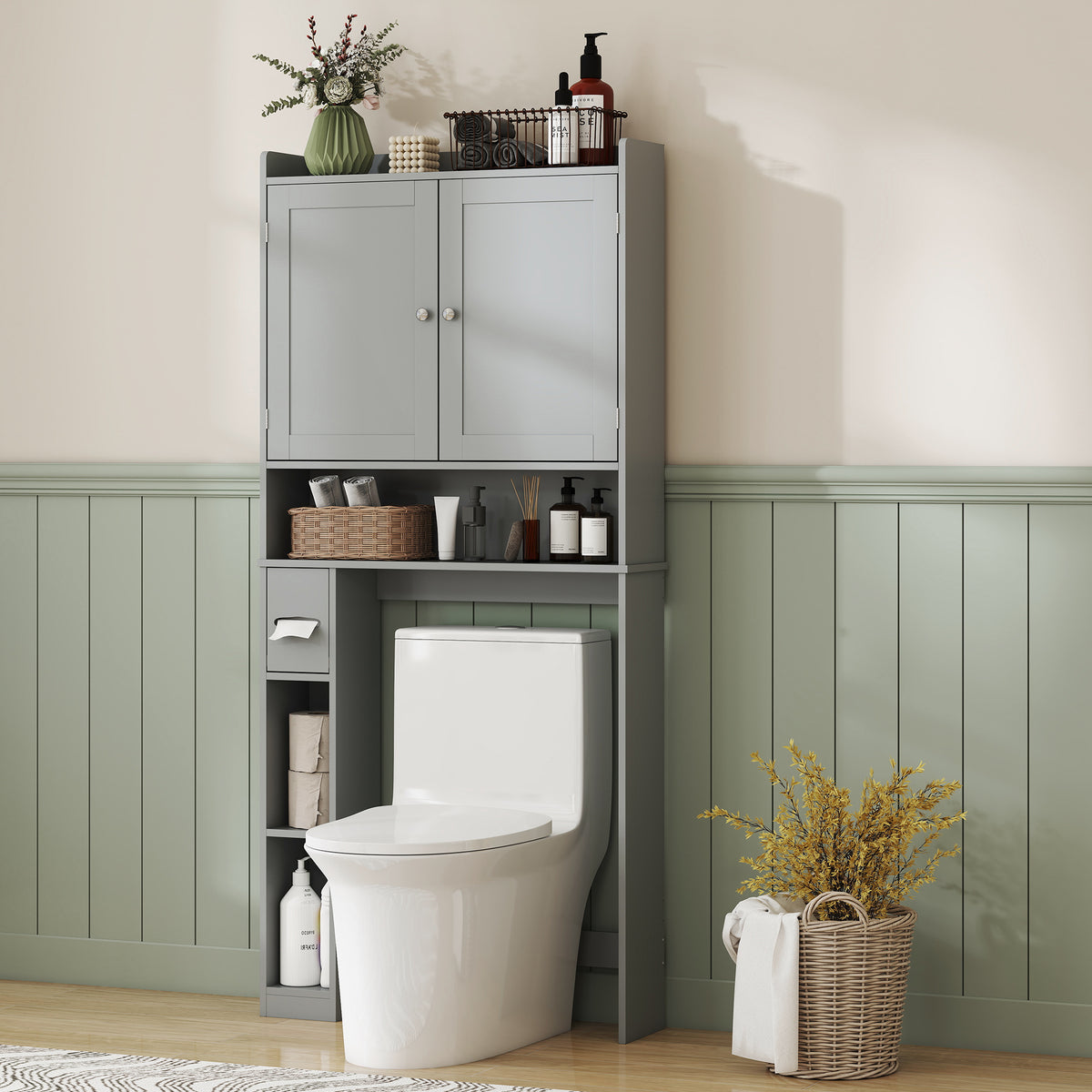 Meuble WC dessus de toilette ou machine à laver, 2 portes, 3 compartiments, porte-papier toilette, 80x19,5x170cm, gris-7