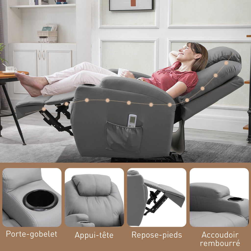 Fauteuil de Massage Inclinable, Chaise de Relaxation avec dossier et repose-pied électrique réglables revêtement synthétique pour Salon, Chambre, Cinéma Maison Gris-6