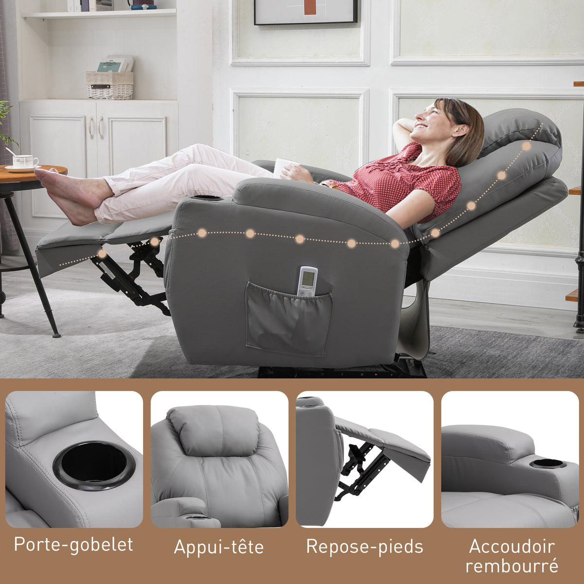 Fauteuil de Massage Inclinable, Chaise de Relaxation avec dossier et repose-pied électrique réglables revêtement synthétique pour Salon, Chambre, Cinéma Maison Gris-6