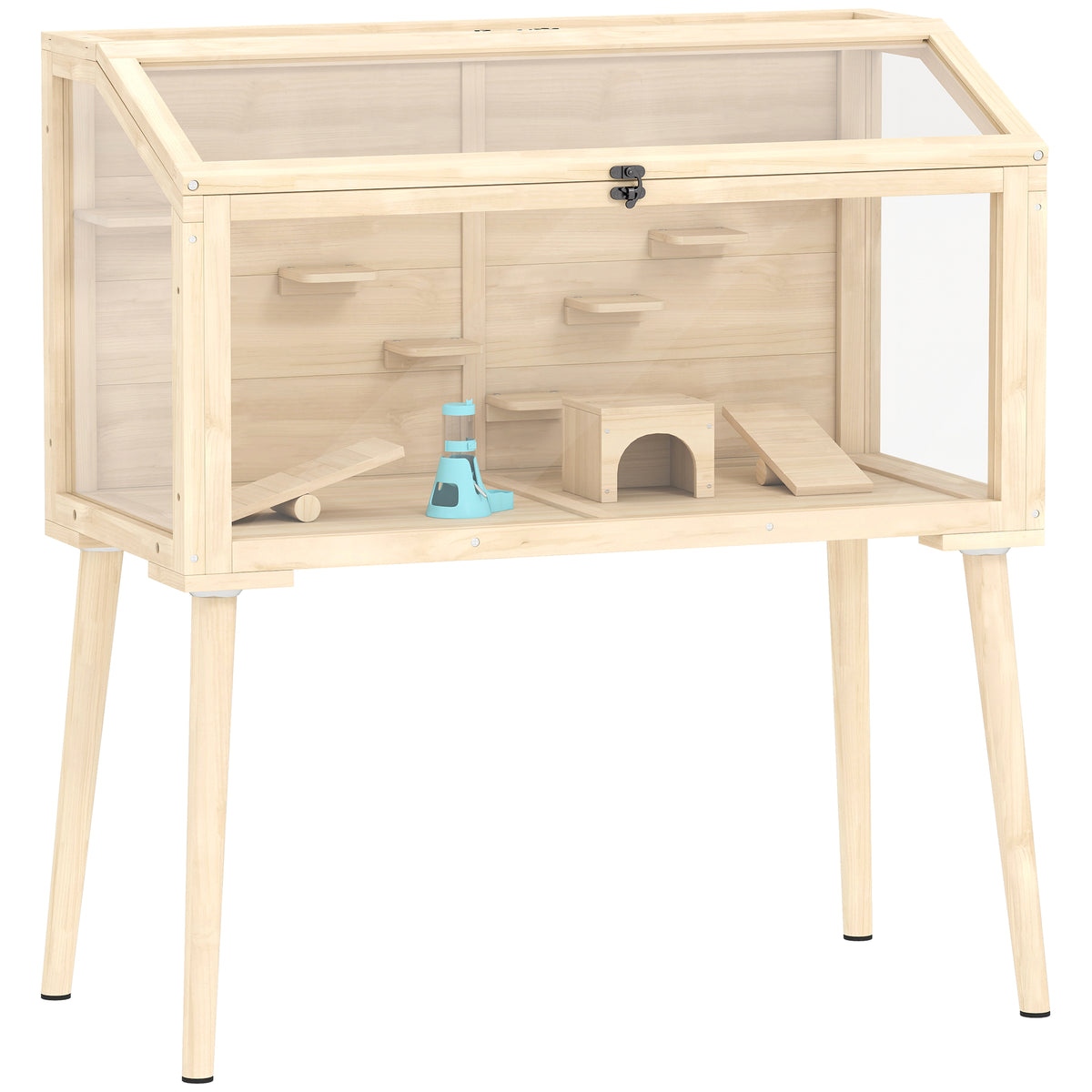 Cage hamster habitats pour rongeur bois toit ouvrable 7 plateformes 2 balançoires 110x52x101cm effet bois naturel-0
