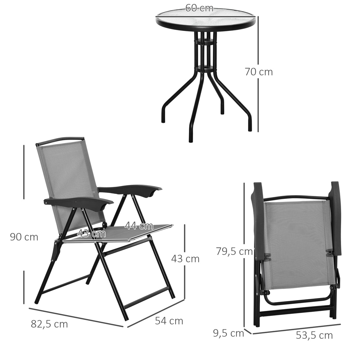 Ensemble de jardin 3 pièces 2 chaises inclinables multi-positions pliables table ronde verre trempé métal textilène gris-2