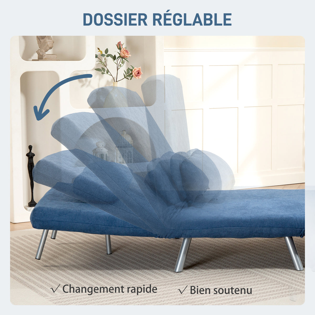 Fauteuil convertible 1 place, fauteuil-lit clic-clac 3 en 1 avec dossier réglable, oreiller, assise large, bleu-4