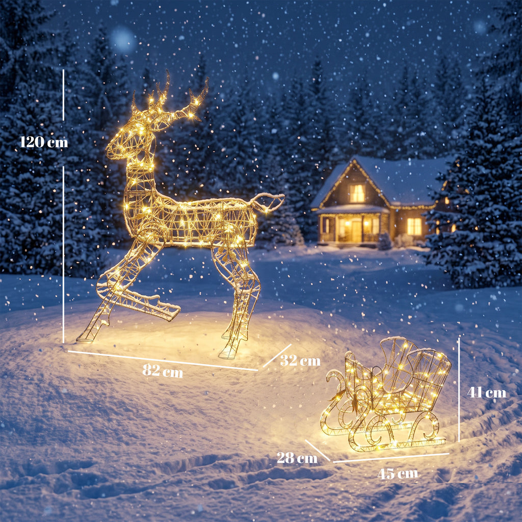 Renne de Noël avec Traîneau Lumineux 2 Pièces en Rotin PP, 175 LED Blanc Chaud, 8 Modes, Minuterie, 82x32x120cm, Marron-2
