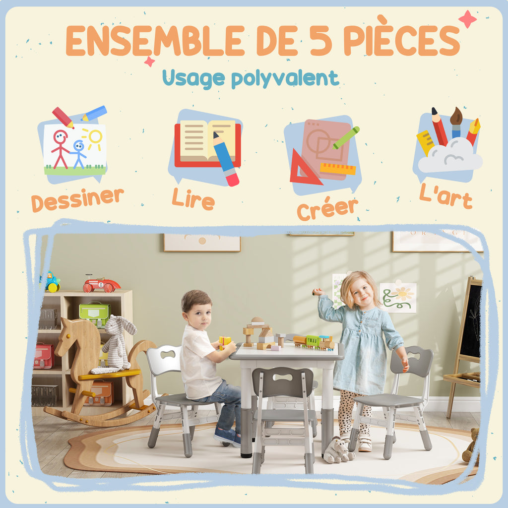 Ensemble 1 table et 4 chaises pour enfants à hauteur réglable, set de 5 pièces, gris-4
