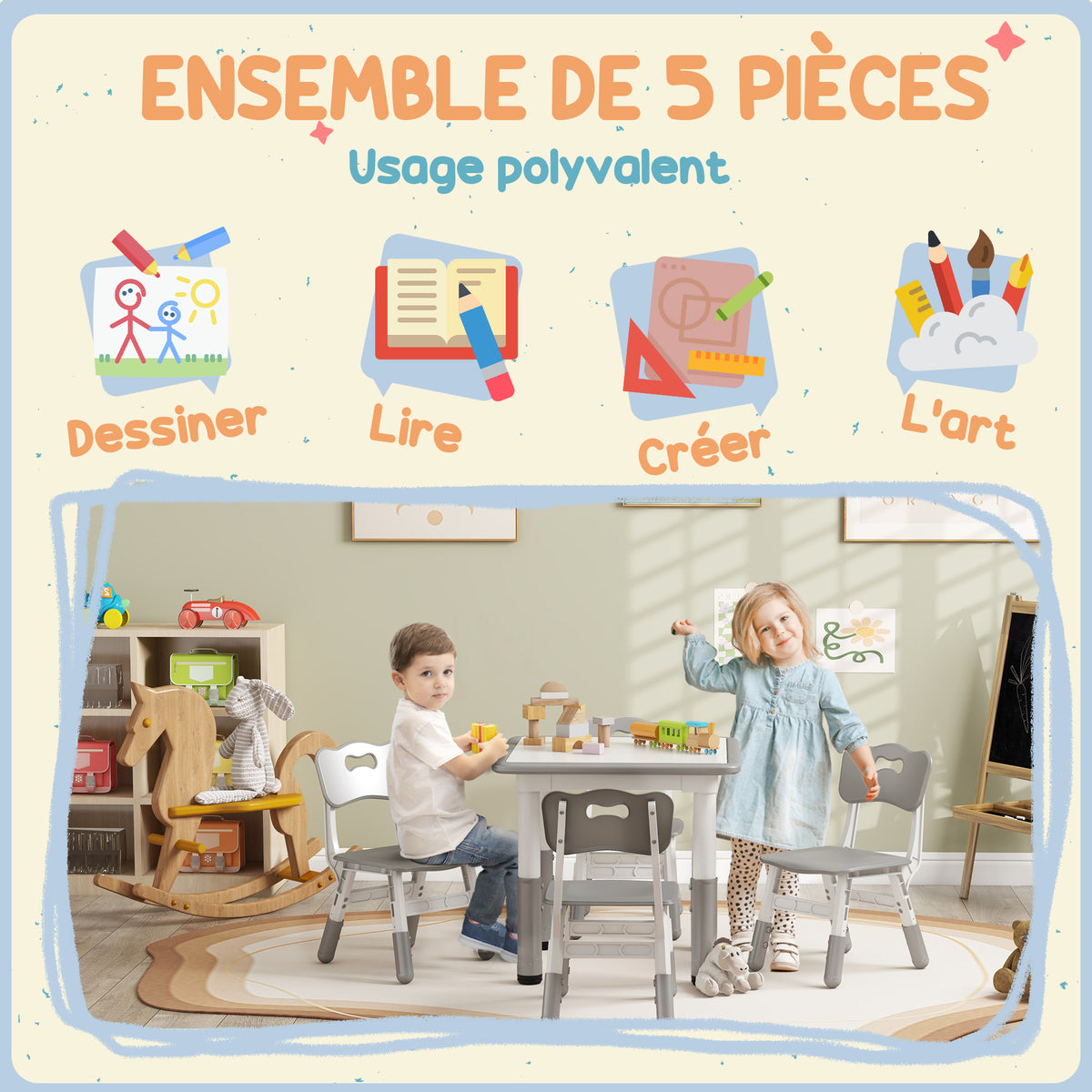Ensemble 1 table et 4 chaises pour enfants à hauteur réglable, set de 5 pièces, gris-4