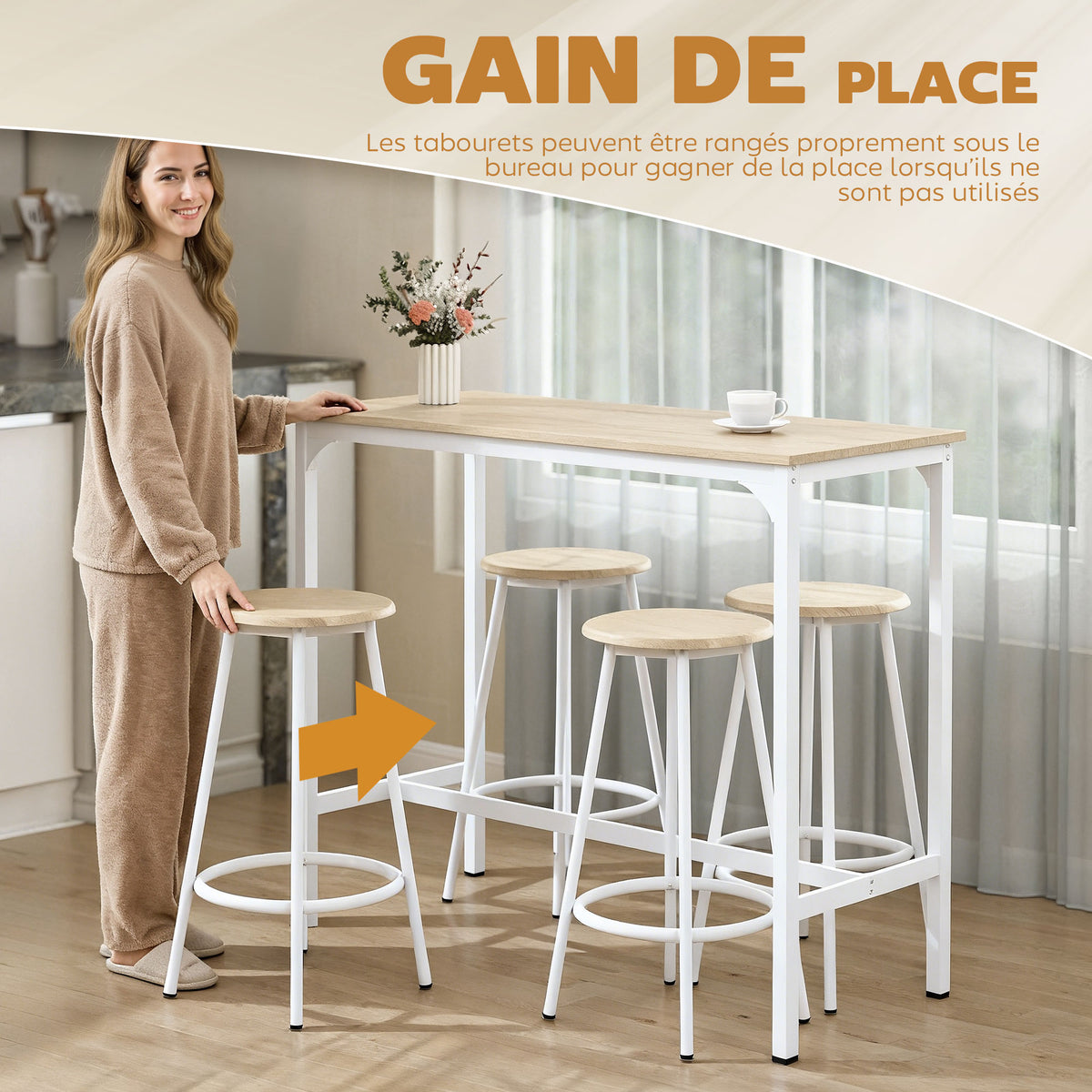 Ensemble table haute et 4 tabourets avec Repose-Pieds style moderne, structutre en métal effet bois naturel-4