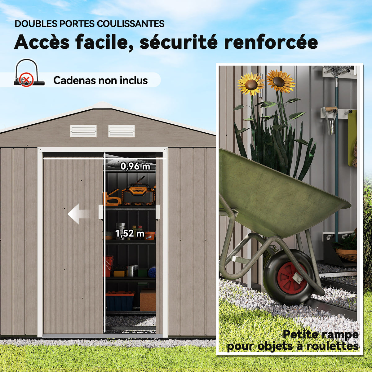 Abri de jardin 5,4 m² 2,77 x 1,95 x 1,92 m kit de fondation porte coulissante ventilations acier galvanisé, marron clair-4