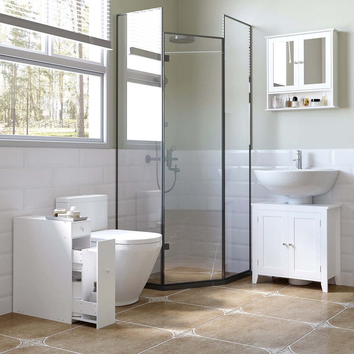 Armoire Murale étagère Salle de Bain 56L x 13l x 58H cm Double Porte Miroir étagère réglable MDF Gris-3