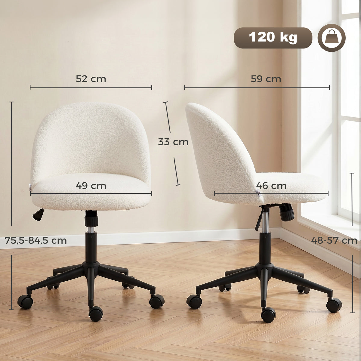 Chaise de Bureau Pivotante en Fourrure Teddy, Hauteur Réglable, Roulettes, Mousse Haute Résilience, Crème-2