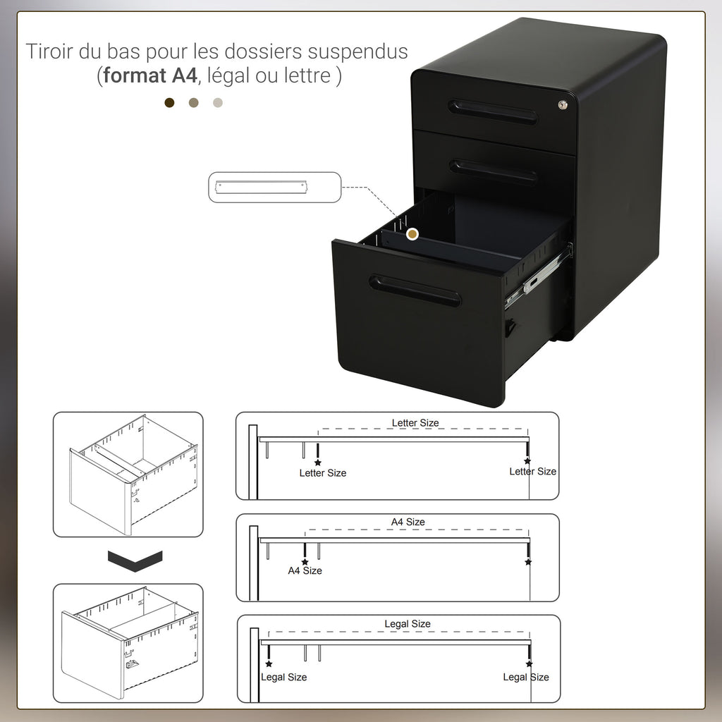 Caisson bureau mobile verrouillable avec 3 tiroirs pour format A4, lettre, légal, 39 x 48 x 59 cm, noir-5