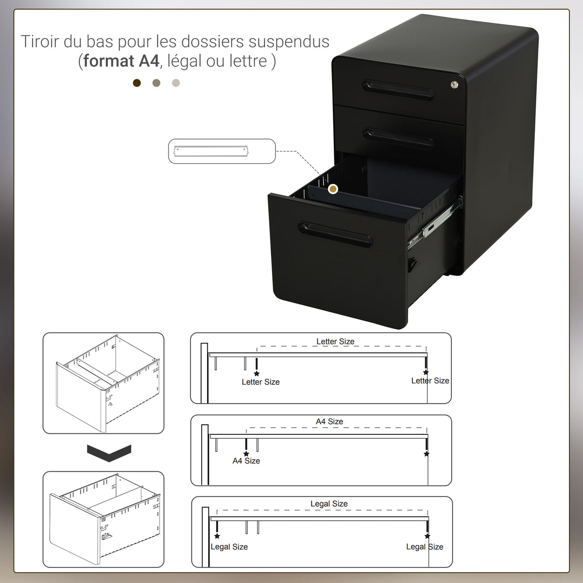 Caisson bureau mobile verrouillable avec 3 tiroirs pour format A4, lettre, légal, 39 x 48 x 59 cm, noir-5