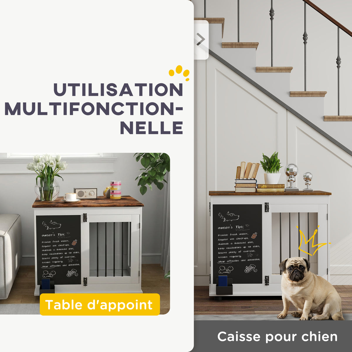 Cage pour chien cage chien intérieur avec 2 portes tableau noir pour chiens taille moyenne 20 kg 80 x 60 x 70 cm blanc-3