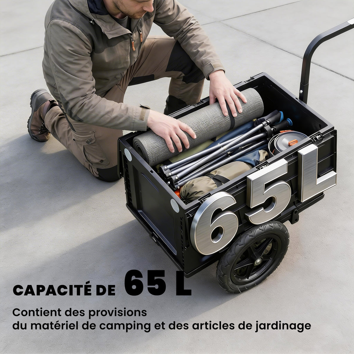Remorque Vélo Cargo Chariot de Transport Pliable Caisse Plastique 65L Couvercle Dégagement Rapide 145x51,5x72cm Noir-3