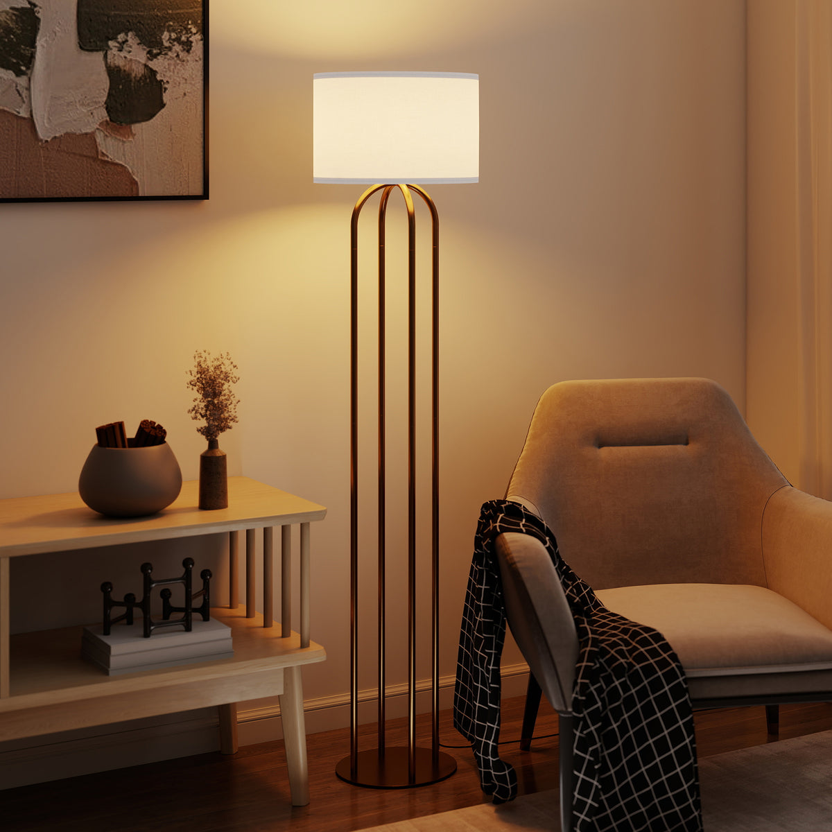 Lampadaire sur pied de salon, lampe sur pied avec abat-jour en lin et interrupteur à pied, Ø 38 x 161 cm, doré et beige-1