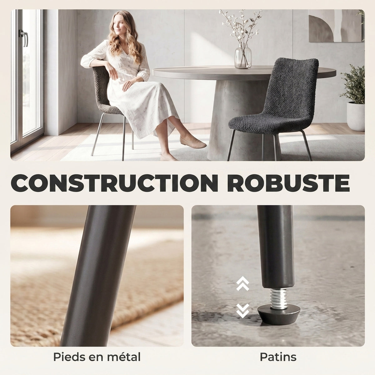 Lot de 2 Chaises de Salle à Manger, Chaises Cuisine Rembourrées en Velours, Dossier Incurvé, Pieds en Métal, Gris Foncé-5