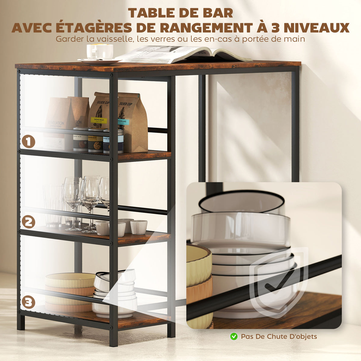 Table de bar mange-debout avec 3 étagères de rangement et cadre en acier, 90 x 50 x 90,5 cm, brun rustique, noir-3