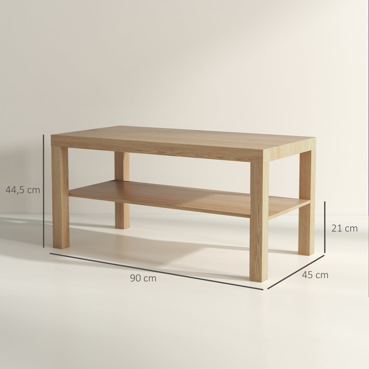 Table basse de salon, table d'appoint rectangulaire à 2 niveaux avec étagère de rangement, 90x45x44,5cm, bois naturel-2