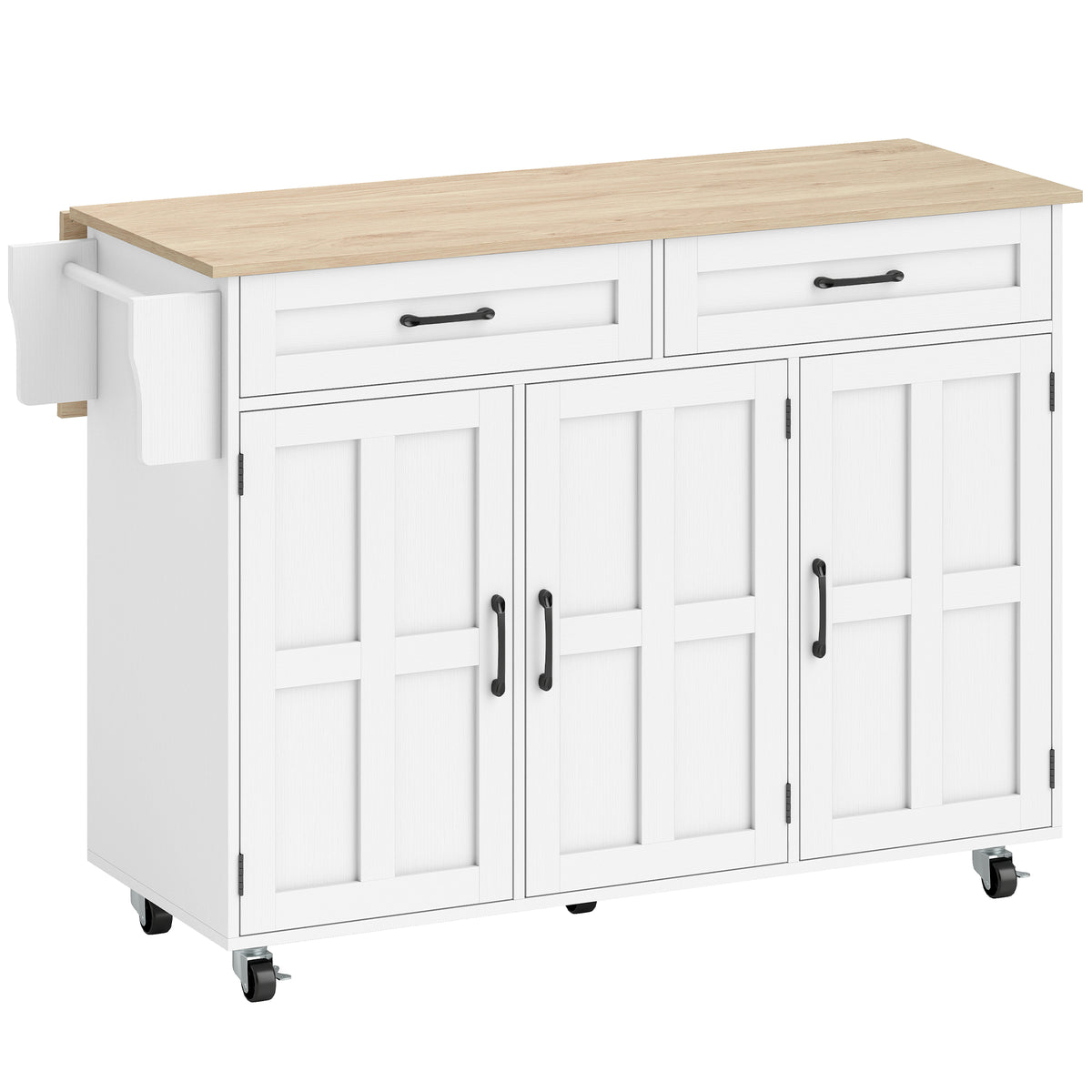 Îlot de cuisine avec plateau rabattable, chariot à roulettes 2 tiroirs, 3 portes, porte-racks et porte-serviettes, blanc-0